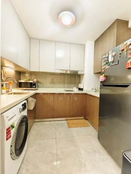 Kitchen features: white cabinets, wood cabinetry, stainless-steel refrigerator, built-in oven, microwave, single-bowl stainless-steel sink, chrome pull-down faucet, ceramic tile flooring, recessed downlights, washing machine, countertop with breakfast bar, decorative magnets on fridge; style: modern.