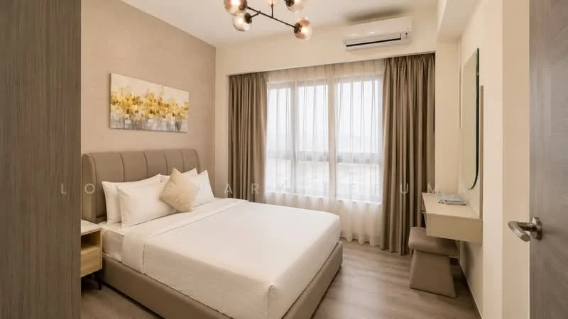 Bedroom features: queen-size bed, upholstered headboard, bedside table with drawer, wall-mounted mirror, desk with chair, floor-to-ceiling windows, sheer curtains, air conditioning unit, wooden flooring, decorative wall art, light fixture with multiple bulbs; style: modern; view: city.