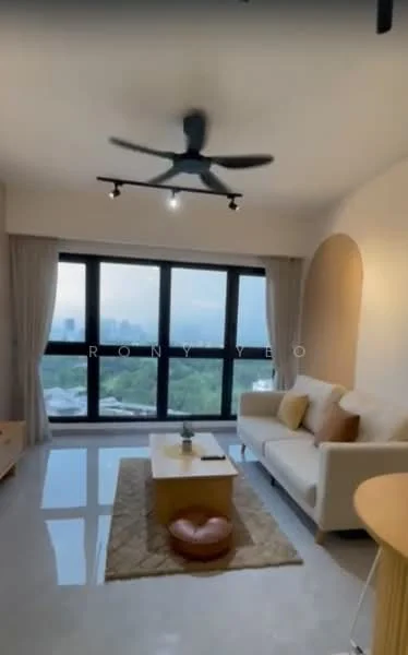 Living features: 3-seater fabric sofa in cream, coffee table, area rug with geometric pattern, floor-to-ceiling windows, 5-blade ceiling fan with integrated LED light, curtains, wall-mounted TV, decorative wall arch; style: modern; view: city.