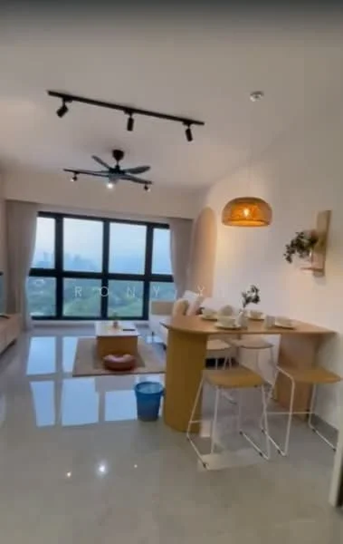 Dining features: round dining table, 4 wooden dining chairs, pendant light fixture, 5-blade ceiling fan with light, large floor-to-ceiling windows, city view, light-colored walls, polished tile flooring, decorative wall art, area rug, open layout to living area; style: modern; view: city. Living features: sofa, coffee table, TV console, area rug, large floor-to-ceiling windows, city view; style: modern; view: city.