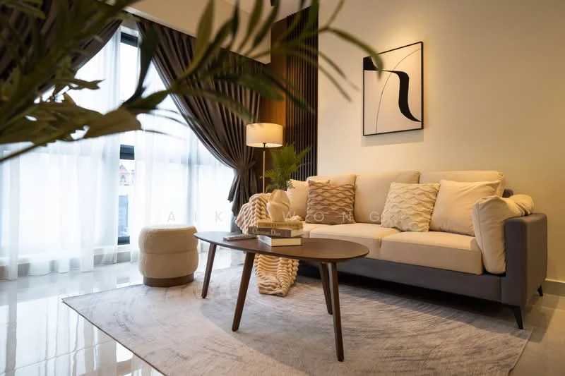 Living features: 3-seater fabric sofa in light grey, decorative throw pillows, round coffee table with wooden legs, area rug with geometric pattern, floor lamp with fabric shade, curtains in dark brown, sheer white curtains, large windows with city view, decorative wall art, potted plant; style: modern; view: city.