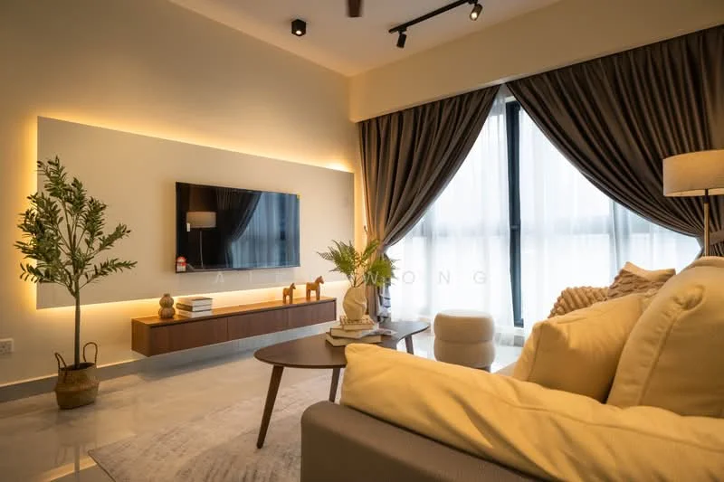 Living features: sofa in cream fabric, coffee table, TV console with wall-mounted TV, floor-to-ceiling windows, sheer curtains, dark grey curtains, decorative houseplant in pot, decorative items on console, area rug with neutral tones, recessed LED downlights, wall-mounted lighting, wooden accent wall with backlighting; style: modern; view: city.