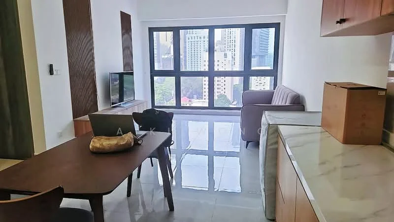 Living features: floor-to-ceiling windows, grey fabric sofa, wooden dining table, 4 dining chairs, TV console, wall-mounted TV, marble countertop, wood cabinetry, glossy tile flooring, city view, decorative box, decorative item on table; style: modern; view: city.