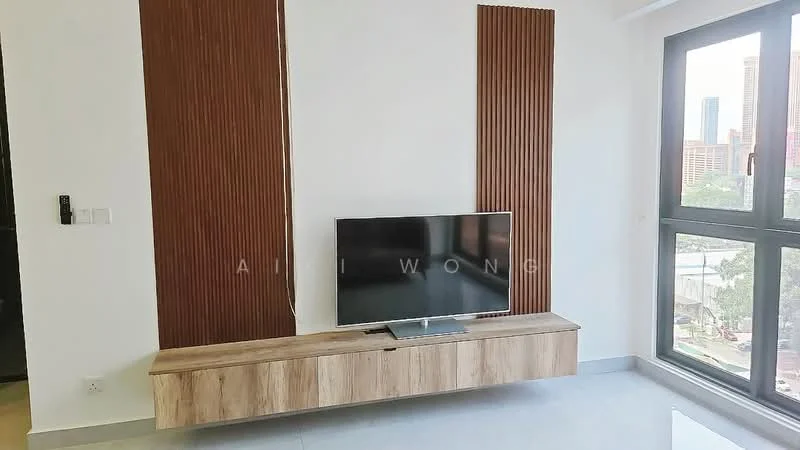 Living features: wall-mounted TV, wooden TV console, textured wood paneling, large windows, grey tiled flooring, white painted walls, natural light from windows, minimalist decor; style: modern; view: city.