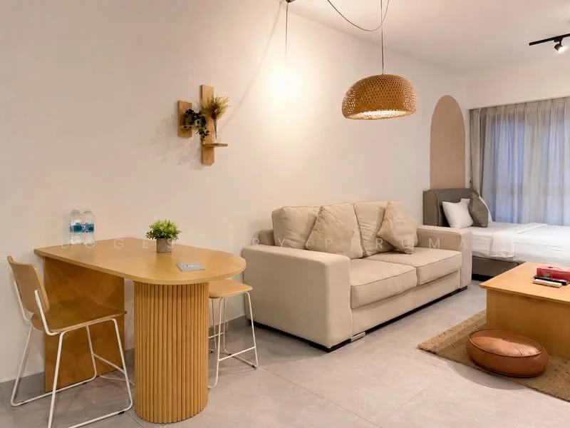 Living features: beige fabric sofa, round wooden coffee table, light wood dining table with cylindrical base, white metal dining chairs, pendant light fixture, grey tile flooring, white painted walls, curtains, decorative wall plant, area rug with neutral color; style: modern.