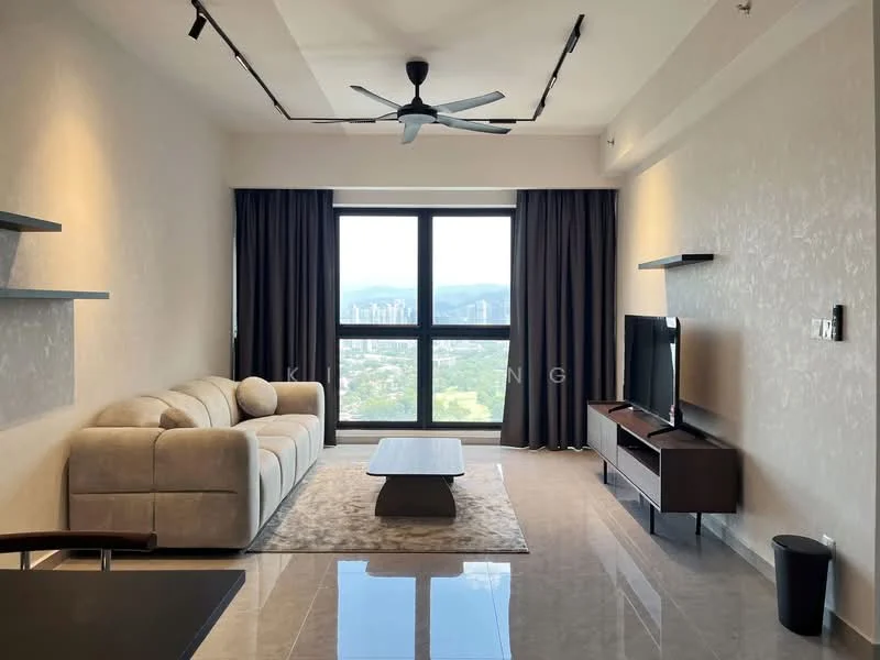 Living features: 3-seater fabric sofa in beige, coffee table, TV console, wall-mounted TV, area rug, floor-to-ceiling windows, curtains in dark grey, ceiling fan with light, recessed downlights, polished tile flooring, decorative wall shelves; style: modern; view: city.