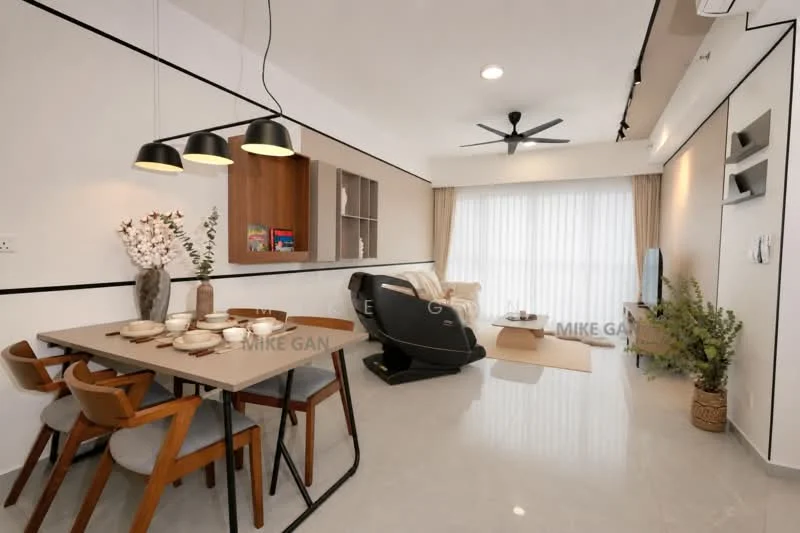 Dining features: 6-seater dining table, wooden dining chairs, pendant lighting, decorative vase with flowers; style: modern. Living features: sofa chair, coffee table, wall-mounted TV, floor-to-ceiling windows with sheer curtains, ceiling fan, light-colored walls, polished tile flooring; style: modern.