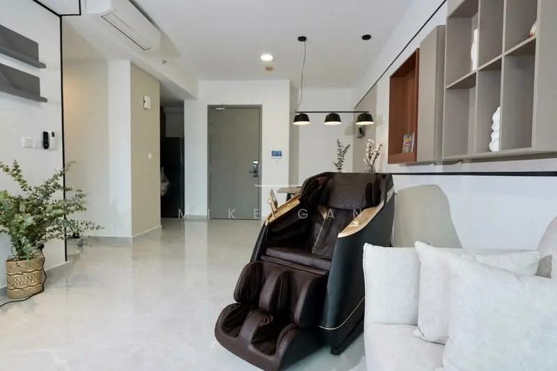 Living features: marble tile flooring, white painted walls, recessed downlights, ceiling-mounted air conditioning unit, black pendant lights, modern armchair, massage chair, decorative plant in pot, built-in shelving unit, neutral-colored sofa with cushions; style: modern.