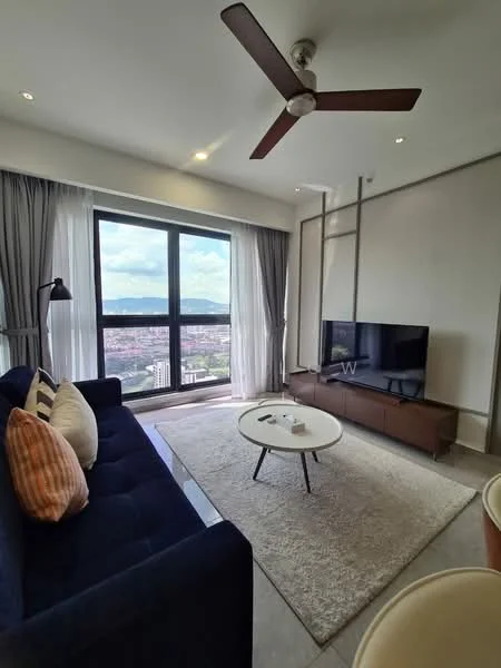 Living features: 3-seater fabric sofa in navy blue, decorative cushions in orange and cream, round coffee table with white top, TV console in wood finish, wall-mounted flat-screen TV, floor-to-ceiling windows, sheer curtains, ceiling fan with 3 blades, recessed downlights, area rug with neutral tones, laminate flooring, wall with light-colored paneling; style: modern; view: city.