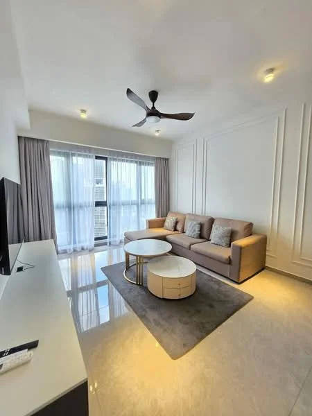 Living features: 3-seater fabric sofa in beige, round coffee table with gold accents, area rug with neutral color, floor-to-ceiling windows with sheer curtains, recessed downlights, 5-blade ceiling fan with light, white painted walls with decorative moulding, polished marble flooring, TV console with storage; style: modern.