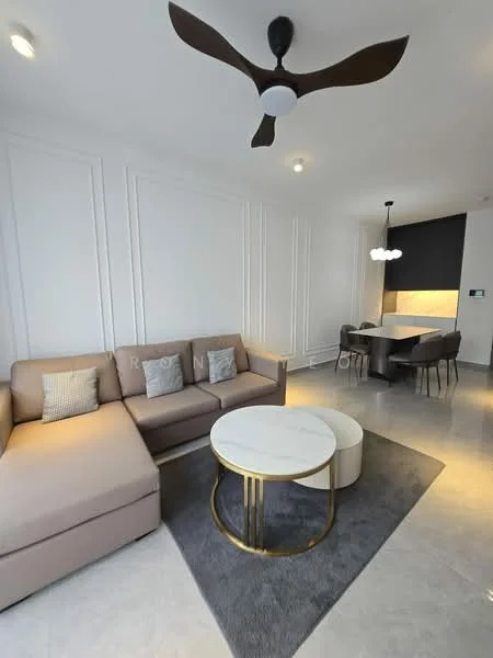 Living features: L-shape sectional sofa in beige, coffee table with marble top and gold base, area rug in grey, 5-blade ceiling fan with light, recessed downlights, wall with decorative paneling, floor-to-ceiling windows, open layout to dining area; style: modern. Dining features: dining table with dark finish, upholstered dining chairs, pendant lighting above dining table; style: modern.