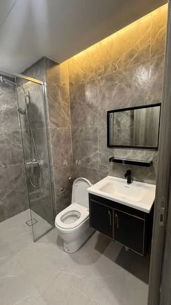 Bathroom features: walk-in shower with glass enclosure, rain shower head, chrome basin mixer faucet, single-sink vanity with black cabinet, white countertop, framed mirror, one-piece toilet, grey marble tile walls, light grey tile flooring, recessed lighting, wall-mounted storage, towel rail; style: modern.
