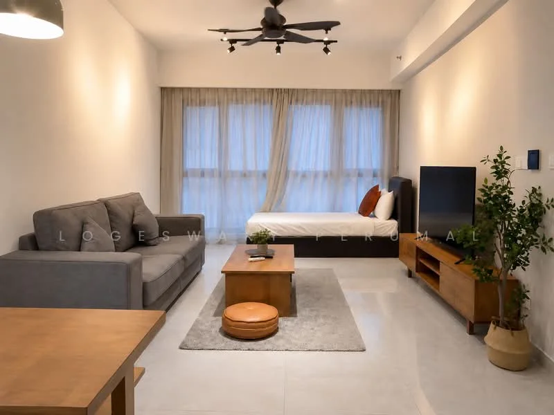 Living features: 3-seater fabric sofa in grey, wooden coffee table, round ottoman in orange, area rug with neutral color, wall-mounted TV, TV console in wood, floor-to-ceiling windows with sheer curtains, ceiling fan with light, light-colored tile flooring, decorative wall with minimal decor; style: modern.