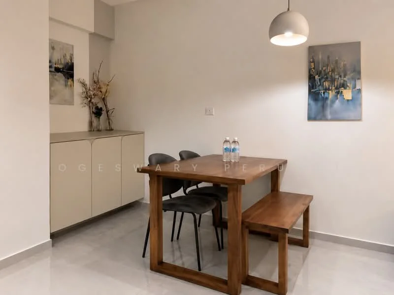 Dining features: wood dining table, bench seating, 4 upholstered dining chairs, white painted walls, grey tiled flooring, pendant light fixture, framed artwork on wall, decorative vase with dried flowers, built-in cabinetry, bottled water on table; style: modern.