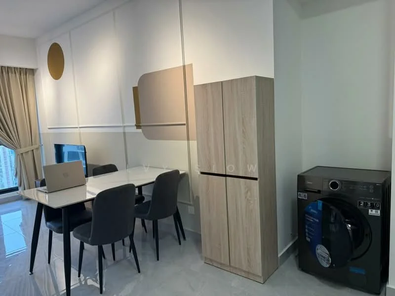 Dining features: white walls, grey dining table, 4 grey upholstered dining chairs, wooden refrigerator, front-load washing machine, floor-to-ceiling windows, marble tile flooring, decorative wall art, curtains, computer laptop on table; style: modern; view: city.