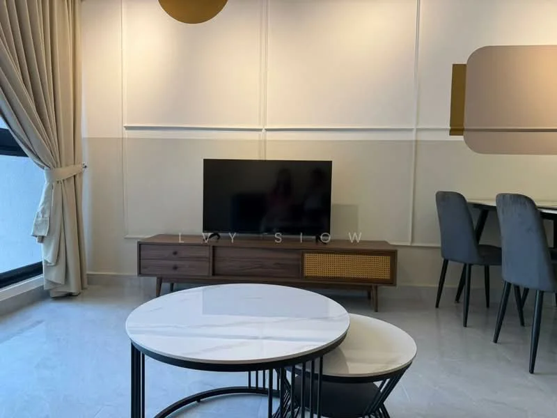 Living features: grey fabric sofa, round coffee table with white top, wooden TV console with rattan detail, wall-mounted flat-screen TV, curtains in light beige, marble tile flooring, decorative wall paneling, dining area with grey upholstered chairs; style: modern.