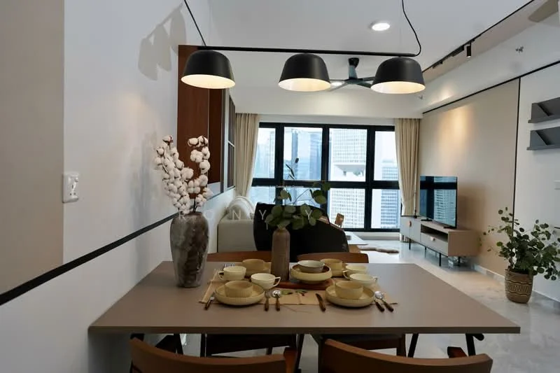 Dining features: dining table with beige surface, wooden dining chairs, black pendant lights, decorative vase with white flowers, table setting with plates and utensils, light-colored walls, marble flooring, ceiling fan, wall-mounted TV in background, large windows with city view; style: modern; view: city. Living features: sofa in light color, coffee table, TV console, wall-mounted TV, large windows, curtains, decorative plants; style: modern; view: city.