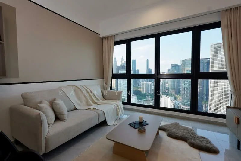 Living features: floor-to-ceiling windows, grey fabric sofa, beige throw blanket, coffee table, area rug, curtains, city skyline view, light-colored walls, tile flooring; style: modern; view: city.