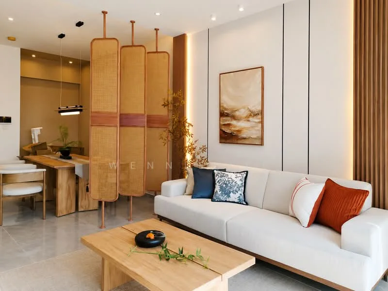 Living features: light grey fabric sofa, wooden coffee table, decorative cushions in blue and orange, wooden partition with rattan panels, framed artwork on wall, recessed downlights, wooden accent wall, ceramic floor tiles, indoor plant in ceramic pot; style: modern.