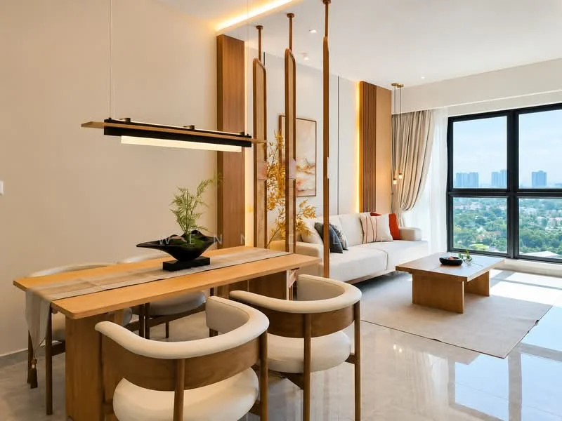 Living features: sofa in light beige fabric, wooden coffee table, dining table with wooden legs, 4 upholstered dining chairs, pendant light fixture, floor-to-ceiling windows, curtains in light fabric, decorative wall art, wood paneling on walls, recessed ceiling lights, marble tile flooring, greenery in decorative pot; style: modern; view: city.