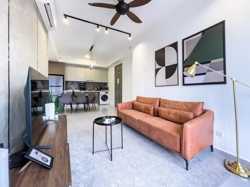 Living features: 3-seater fabric sofa in orange, coffee table, wall-mounted TV, TV console, area rug, ceiling fan with light, recessed LED downlights, decorative wall art, grey carpet flooring, open-plan layout to kitchen, floor-to-ceiling windows; style: modern. Kitchen features: stainless-steel fridge, built-in oven, freestanding range oven, microwave, kitchen island, bar stools, grey cabinetry, white countertops, recessed lighting; style: modern.