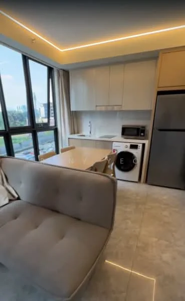 Kitchen features: white cabinetry, stainless-steel refrigerator, built-in microwave, ceramic tile flooring, single-bowl stainless-steel sink, chrome pull-down faucet, washing machine, countertop with storage, floor-to-ceiling windows, LED strip lighting, grey accent wall; style: modern; view: city.
