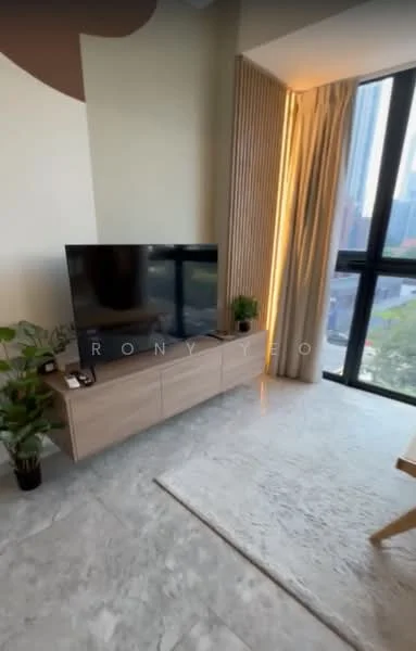 Living features: floor-to-ceiling windows, wooden TV console, marble flooring, decorative wall with abstract design, green potted plant, natural light from window, curtains, area rug; style: modern; view: city.