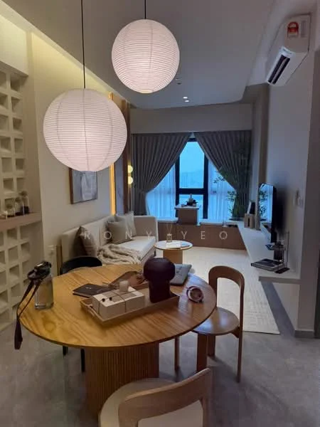 Living features: 2 pendant lights, sofa with cushions, wall-mounted TV, coffee table, wooden dining table, 4 dining chairs, floor-to-ceiling windows, curtains, decorative plants, air conditioning unit, light grey flooring, wall shelving unit; style: modern; view: city.