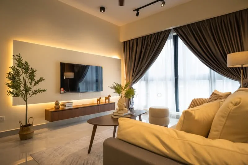 Living features: sofa in cream fabric, coffee table in wood, TV console in wood, wall-mounted TV, floor-to-ceiling windows, sheer curtains, dark grey curtains, decorative plant in pot, area rug with neutral tones, recessed LED downlights, wall-mounted feature lighting, decorative throw pillows, side table with lamp; style: modern.
