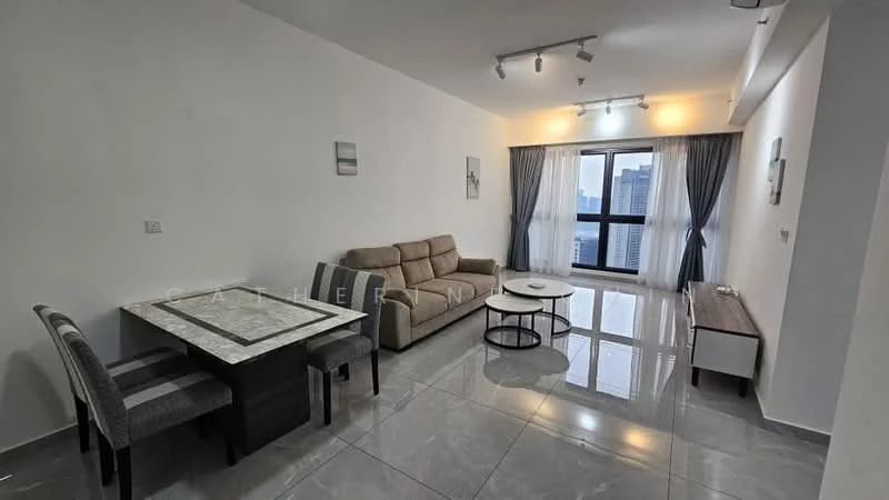 Living features: grey fabric sofa, coffee table with round top, white sideboard, floor-to-ceiling windows, city view, recessed LED downlights, marble tile flooring, light grey curtains, decorative wall art, dining table with marble top, 4 upholstered dining chairs; style: modern; view: city.