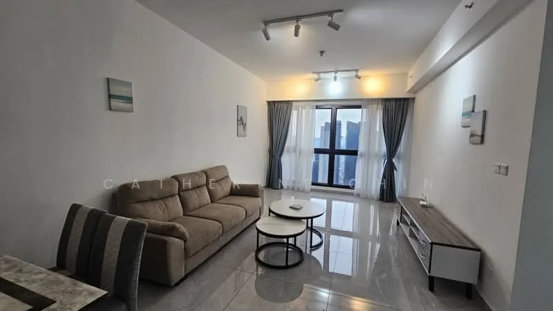 Living features: beige fabric sofa, round coffee table, TV console, wall-mounted TV, floor-to-ceiling windows, grey curtains, white painted walls, polished tile flooring, recessed downlights; style: modern; view: city.
