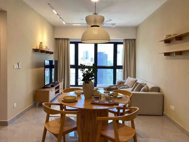 Dining features: round wooden dining table, 4 wooden dining chairs, decorative vase with plant, ceramic dinnerware, wall-mounted shelves, sofa in light beige fabric, floor-to-ceiling windows, city skyline view, recessed ceiling lights, ceiling fan with light, light grey tiled flooring, curtains in light fabric, TV console with television; style: modern; view: city.