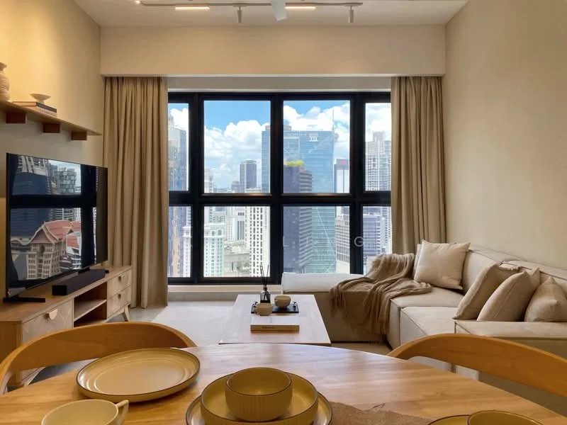 Living features: floor-to-ceiling windows, beige fabric sofa, wooden coffee table, TV console, wall-mounted TV, decorative cushions, light-colored walls, recessed ceiling lights, curtains, area rug; style: modern; view: city. Dining features: round wooden dining table, wooden dining chairs, ceramic plates, cutlery, decorative centerpiece; style: modern; view: city.