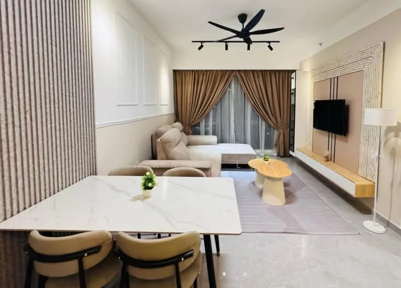Living features: 3-seater fabric sofa in beige, coffee table with round top, TV console with wall-mounted TV, floor-to-ceiling windows with sheer curtains, recessed LED downlights, 5-blade ceiling fan, decorative wall paneling, area rug, wall-mounted light, curtains in brown, marble flooring; style: modern. Dining features: 4-seater dining table with marble top, upholstered dining chairs, decorative plant centerpiece; style: modern.