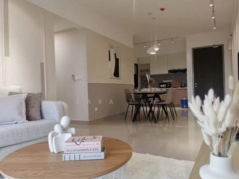 Living features: 3-seater fabric sofa in light grey, wooden coffee table, decorative vase with dried flowers, wall-mounted TV, recessed downlights, open-plan layout with dining area, cream painted walls, glossy tile flooring; style: modern. Dining features: 4-seater dining table, wooden dining chairs, kitchen area visible in background, pendant lighting above dining table; style: modern.