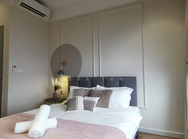 Bedroom features: queen-size bed with grey upholstered headboard, white bedding with decorative pillows, bedside table with lamp, wall-mounted air conditioning unit, light grey painted walls, wooden flooring, decorative wall panels, floor-to-ceiling curtains; style: modern.