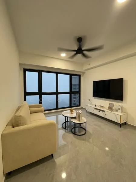 Living features: light grey marble tile flooring, white painted walls, 5-blade ceiling fan with light, floor-to-ceiling windows, blackout curtains, wall-mounted TV, white TV console, beige fabric 2-seater sofa, round coffee table, decorative items on console; style: modern.