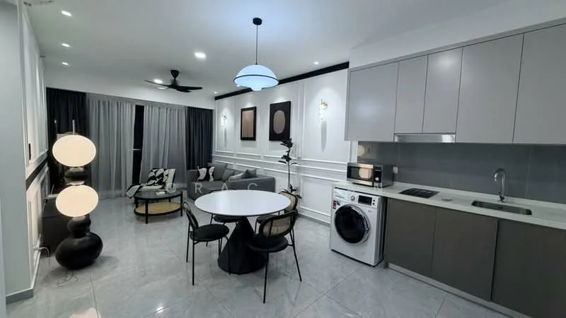 Living features: grey tiled flooring, white painted walls with crown moulding, black ceiling fan with light, round pendant light, sofa with black and white cushions, coffee table, dining table with four black chairs, washing machine, built-in kitchen cabinetry in grey, stainless-steel sink, microwave, countertop with grey backsplash, floor-to-ceiling curtains, decorative wall art; style: modern.