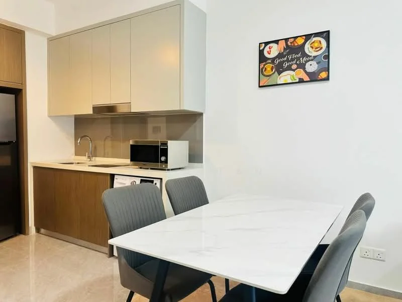 Kitchen features: light wood cabinetry, white countertop, stainless-steel sink, chrome pull-down faucet, built-in microwave, freestanding washing machine, ceramic tile flooring, wall-mounted artwork, 4-seater dining table with marble top, upholstered dining chairs in grey; style: modern.