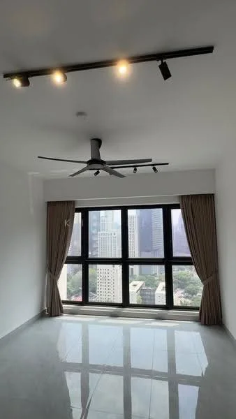 Room features: grey polished tile flooring, white painted walls, 5-blade ceiling fan with light, floor-to-ceiling windows, sheer curtains, city view; style: modern; view: city.