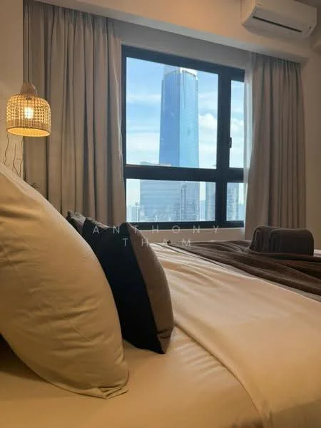 Bedroom features: king-size bed, upholstered headboard, bedside lamps, floor-to-ceiling windows, curtains, air conditioning unit, decorative throw pillows, city view; style: modern; view: city.