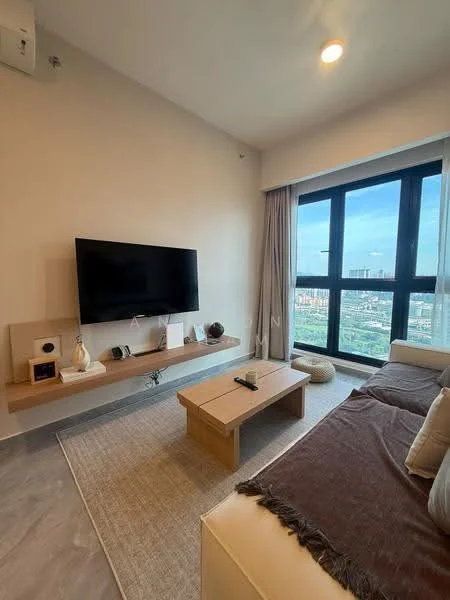 Living features: wall-mounted TV, light wood TV console, coffee table, beige fabric sofa with throw pillows, area rug, floor-to-ceiling windows, curtains, grey tiled flooring, air conditioning unit, decorative items on console; style: modern; view: city.