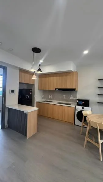 Kitchen features: light wood cabinetry, white countertop, built-in oven, stainless-steel fridge, washing machine, black backsplash, pendant lighting, round dining table, wooden dining chairs, open shelving, grey laminate flooring, floor-to-ceiling windows; style: modern.