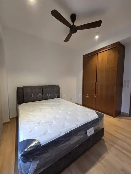 Bedroom features: queen-size bed, upholstered headboard, wooden wardrobe, ceiling fan, recessed downlights, laminate flooring, white painted walls, no visible decor; style: modern.