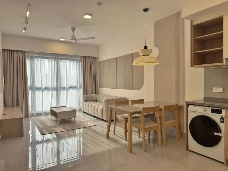 Living features: 5-blade ceiling fan with light, floor-to-ceiling windows, sheer curtains, light-coloured sofa, coffee table, dining table with 4 chairs, wall-mounted TV, built-in cabinetry, marble tile flooring, recessed downlights, area rug, decorative wall paneling; style: modern. Kitchen features: washer-dryer combo, grey countertop, wooden cabinetry, open shelving; style: modern.