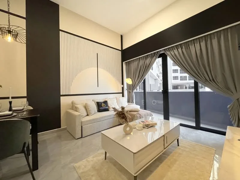 Living features: light grey fabric sofa, white coffee table, black accent wall, cream painted walls, floor-to-ceiling windows, sheer curtains, recessed downlights, decorative wall paneling, area rug with geometric pattern, table lamp, dining table set for two; style: modern; view: city.