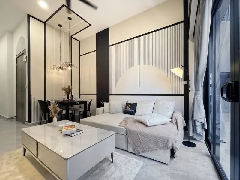 Living features: light grey sectional sofa, glass coffee table, area rug with neutral tones, pendant lighting with multiple bulbs, black floor lamp, dining table for four, black dining chairs, decorative wall with vertical lines, white walls with black accents, ceiling fan, large glass sliding door, curtains, decorative plants in vase; style: modern.