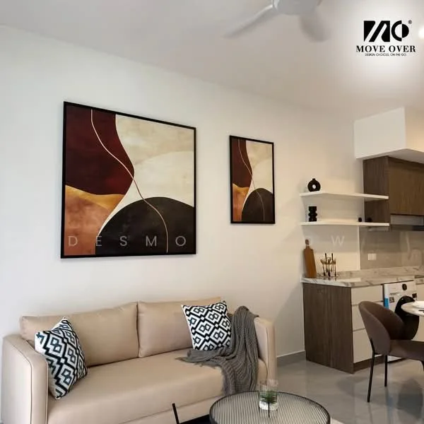 Living features: beige fabric sofa, black and white patterned throw pillows, abstract wall art with earthy tones, white painted walls, grey tile flooring, ceiling fan, open shelving unit, kitchenette with wood cabinetry, countertop with sink, dining chair, decorative items on shelves; style: modern.
