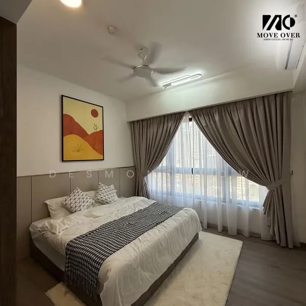 Bedroom features: king-size bed with white bedding, upholstered headboard, 2 decorative pillows, ceiling fan with light, floor-to-ceiling windows, sheer curtains, blackout curtains, wooden flooring, framed artwork on wall, area rug with neutral color; style: modern; view: city.