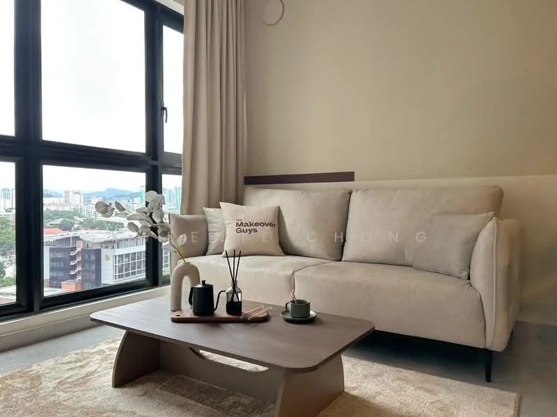 Living features: 3-seater fabric sofa in light beige, wooden coffee table, area rug with neutral tones, floor-to-ceiling windows, curtains in light fabric, decorative vase with flowers, small potted plant, wall-mounted decor, city view from window, concrete flooring; style: modern; view: city.